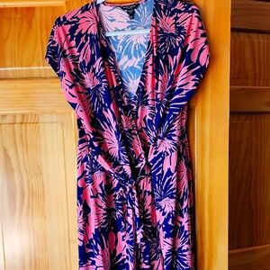 Maggy London Pink and Navy Blue Floral Wrap Dress